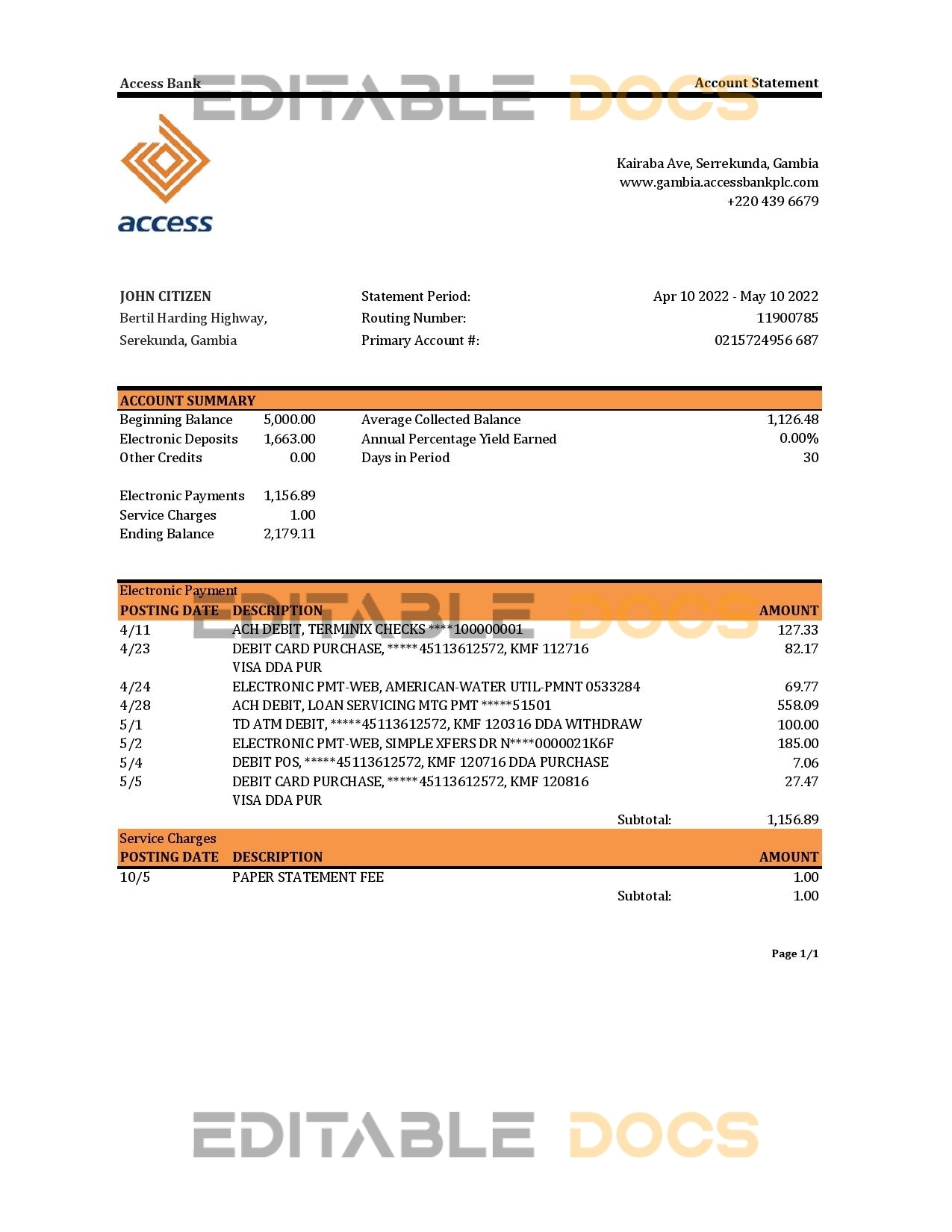 Gambia Access bank statement Excel and PDF template