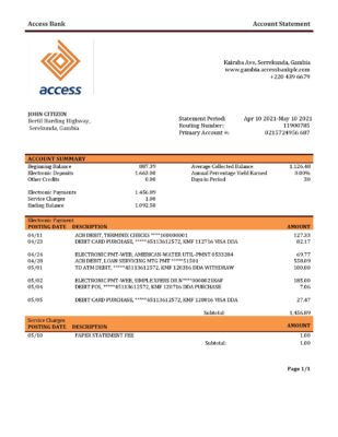 Gambia Access bank statement template in Word and PDF format
