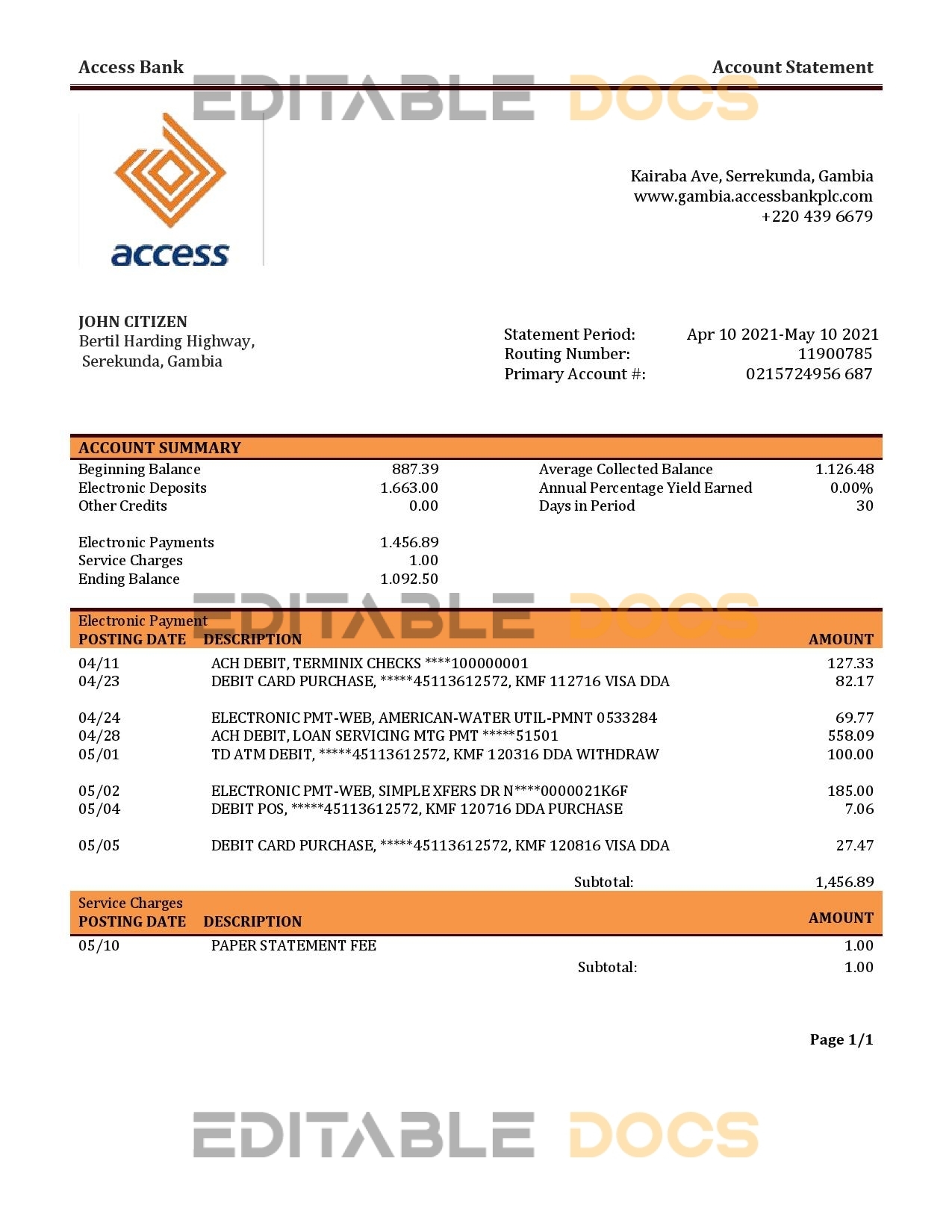 Gambia Access bank statement template in Word and PDF format
