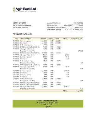 Gambia Arab Gambian Islamic bank statement Excel and PDF template