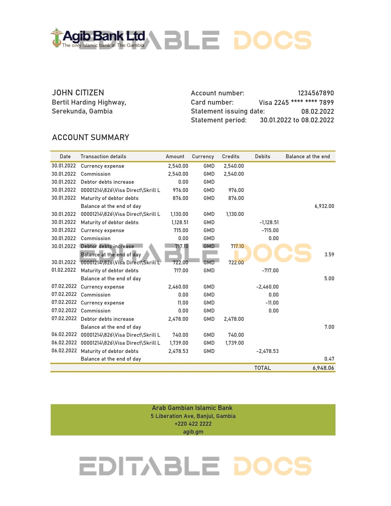 Gambia Arab Gambian Islamic bank statement Excel and PDF template