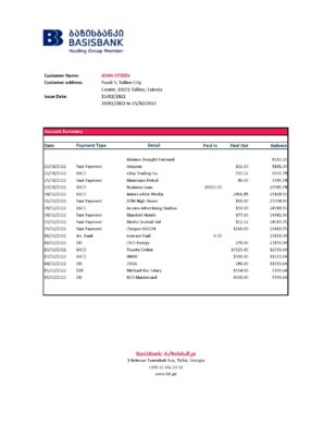 Georgia Basis Bank statement Excel and PDF template