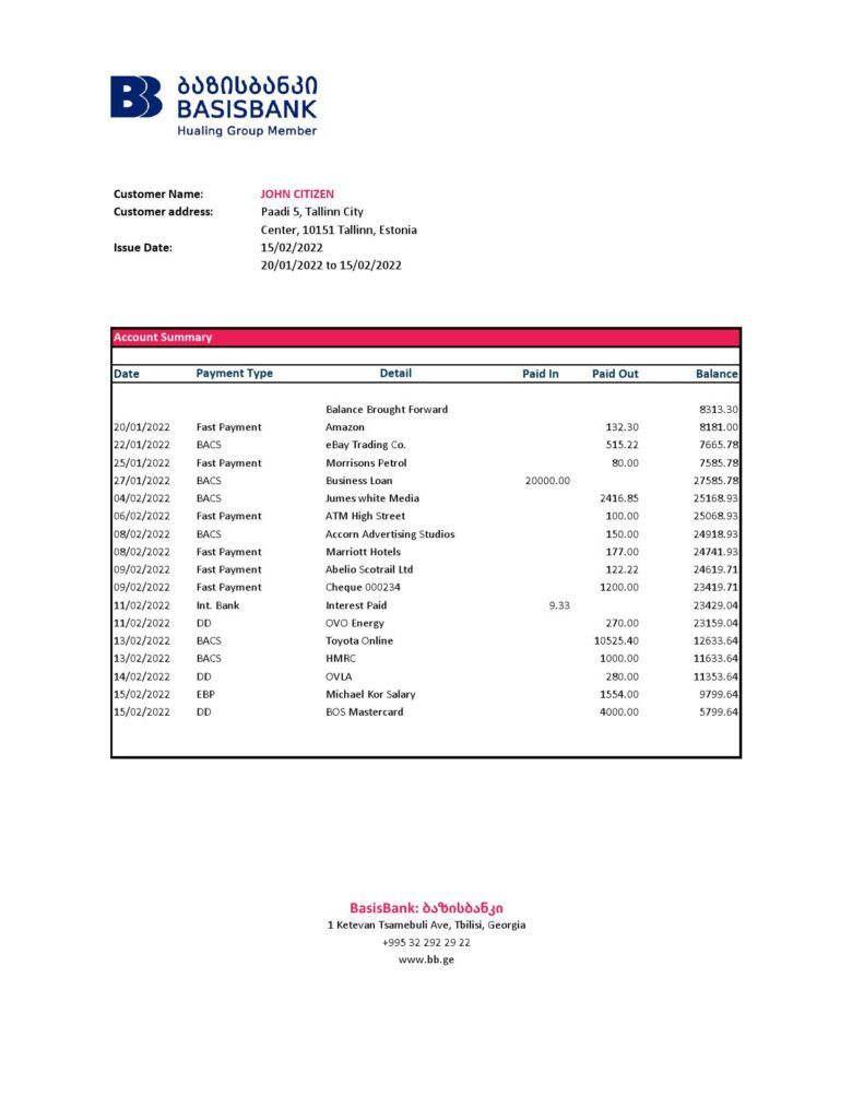 Georgia Basis Bank statement Excel and PDF template