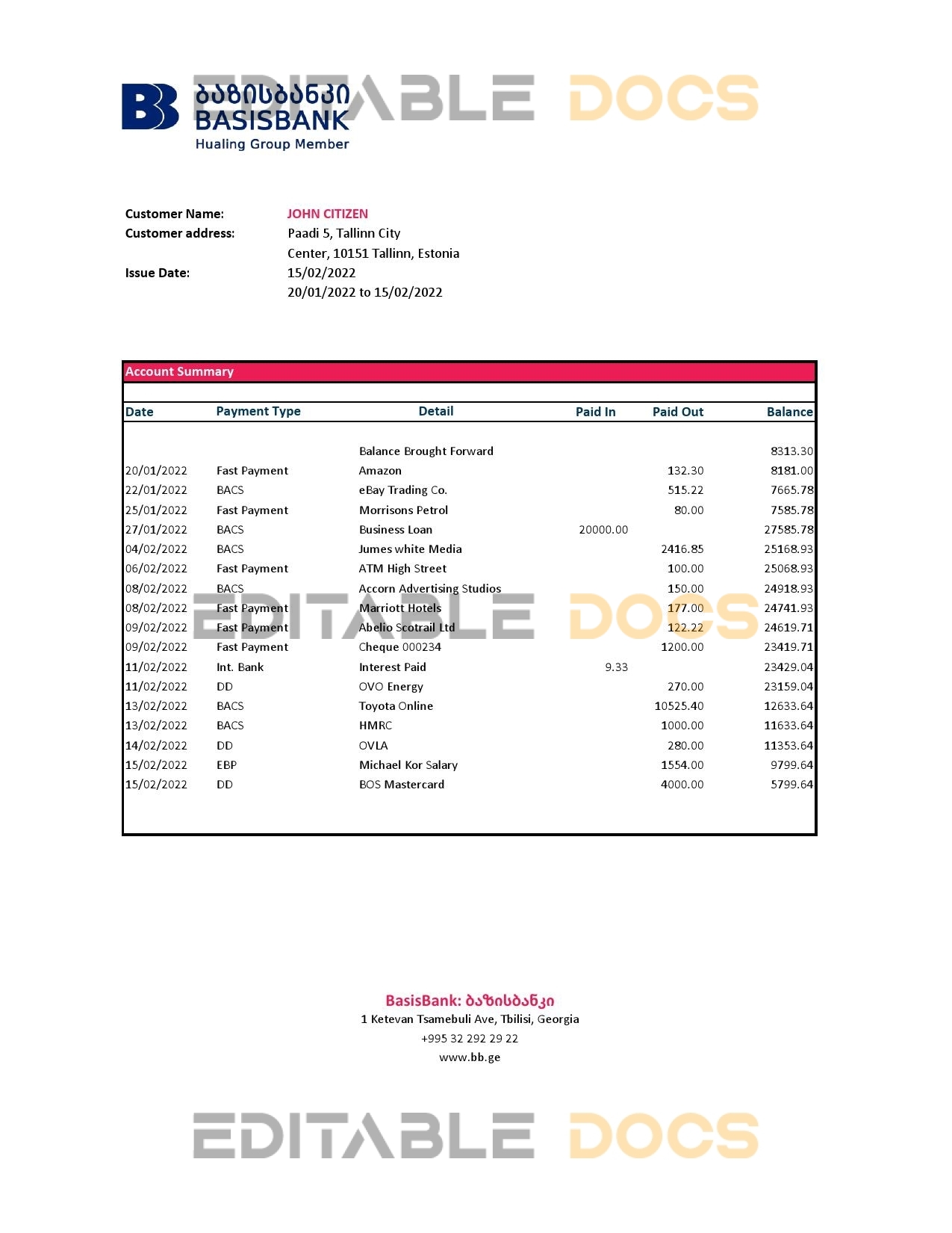 Georgia Basis Bank statement Excel and PDF template
