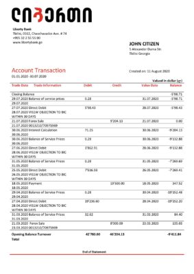 Georgia Liberty Bank proof of address statement template in Word and PDF format, fully editable