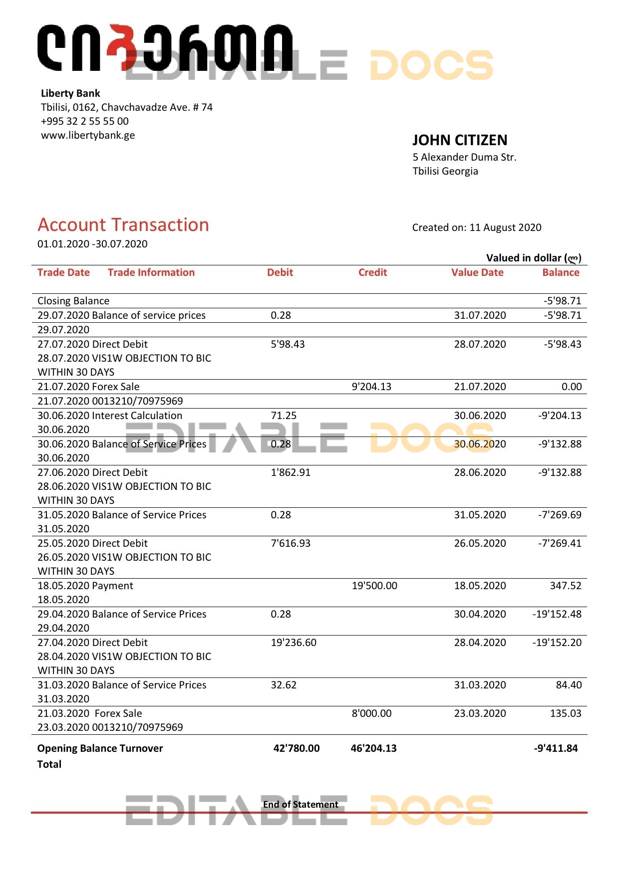 Georgia Liberty Bank proof of address statement template in Word and PDF format, fully editable