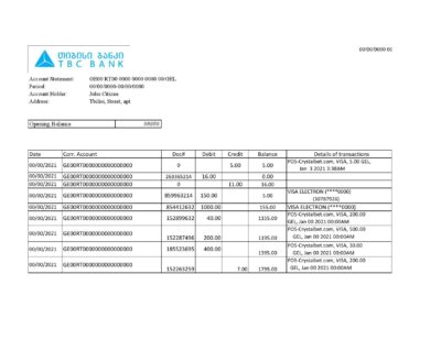 Georgia TBC Bank statement easy to fill template in Excel and PDF format