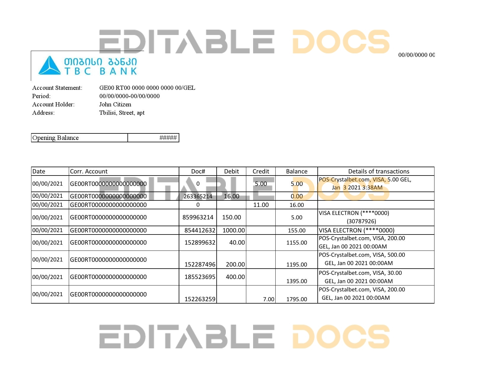 Georgia TBC Bank statement easy to fill template in Excel and PDF format