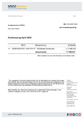 Germany 1822direkt bank statement, Word and PDF template