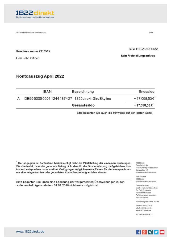 Germany 1822direkt bank statement, Word and PDF template 1
