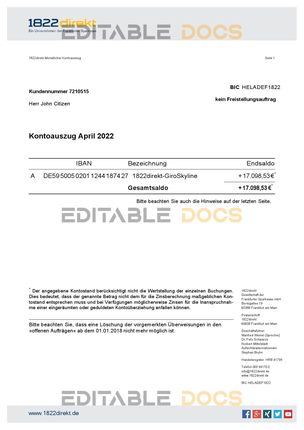 Germany 1822direkt bank statement, Word and PDF template