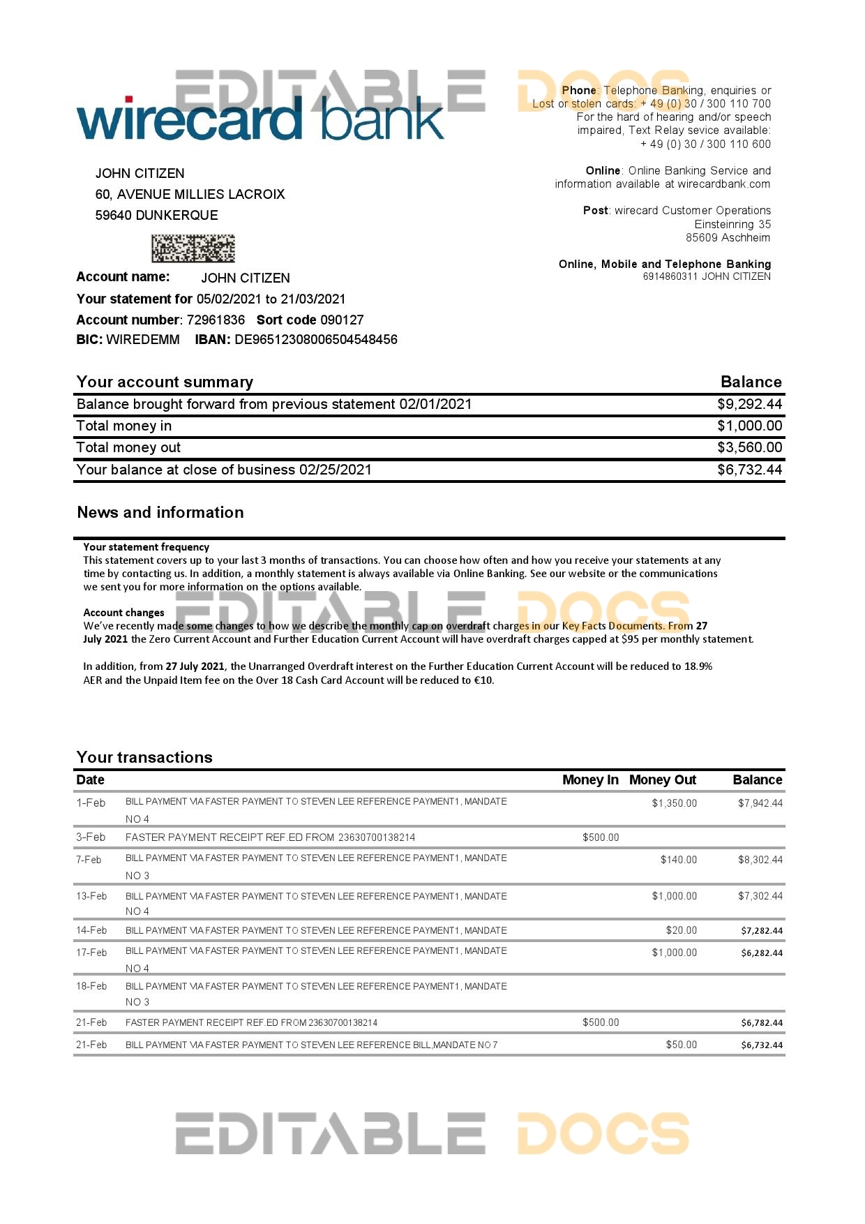 Germany Aschheim Wirecard bank statement easy to fill template in Excel and PDF format