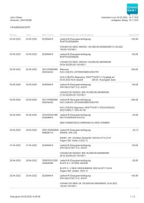 Germany Consorsbank bank statement, Word and PDF template, 2 pages