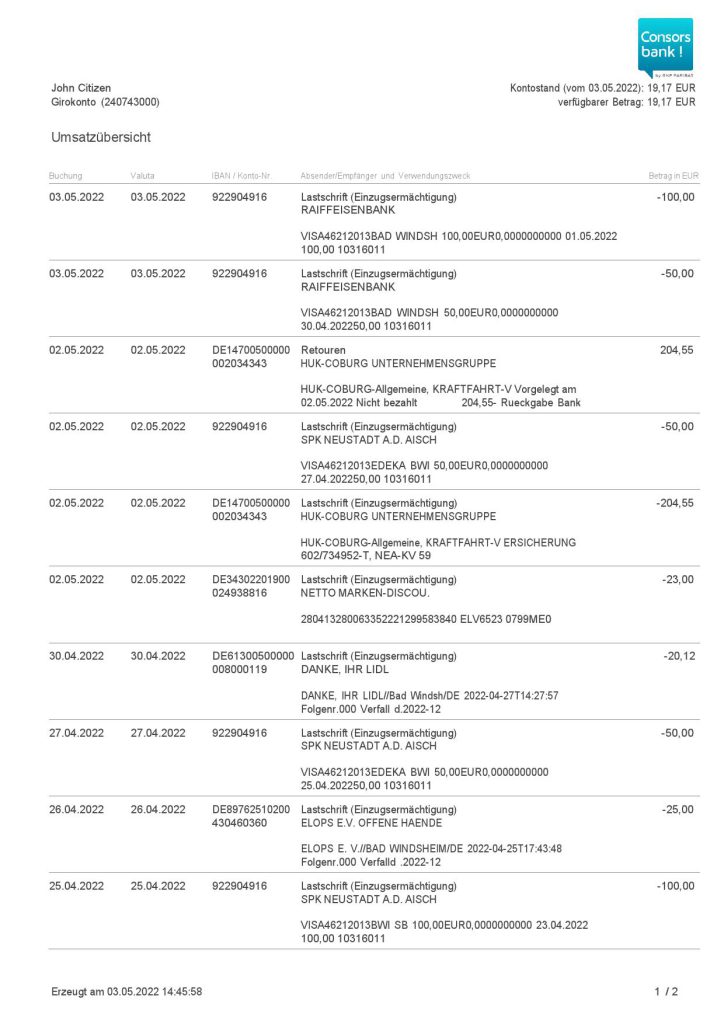 Germany Consorsbank bank statement, Word and PDF template, 2 pages 1