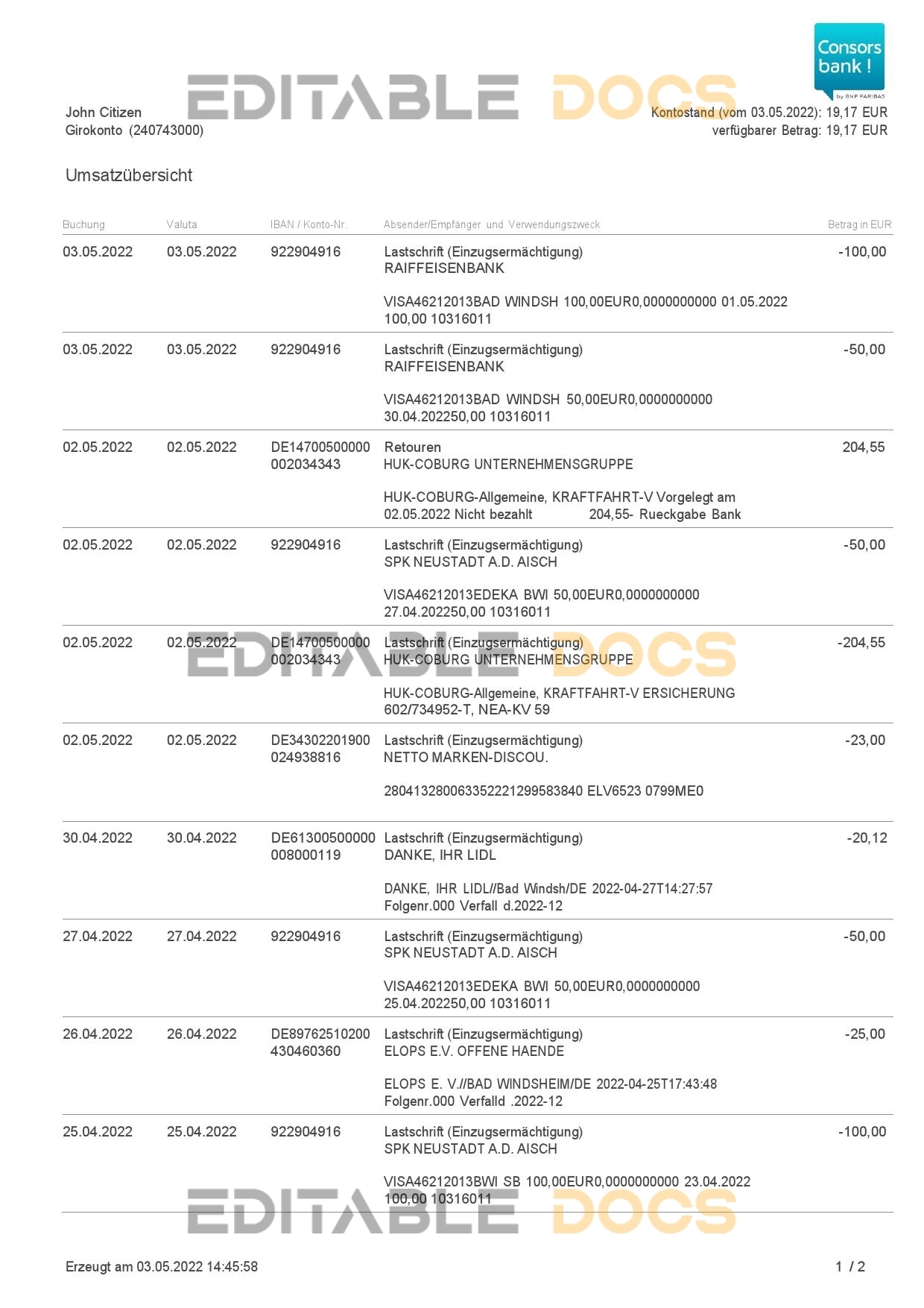 Germany Consorsbank bank statement, Word and PDF template, 2 pages