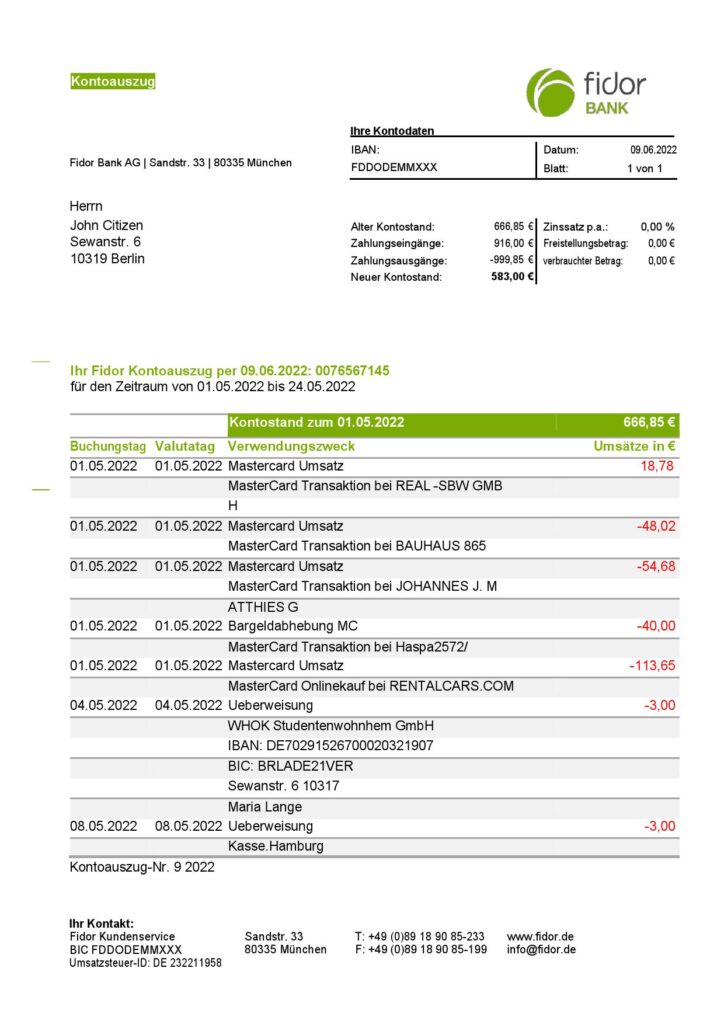 Germany Fidor bank statement, Word and PDF template