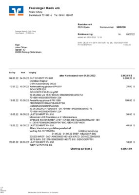 Germany Freisinger Bank eG bank statement, Word and PDF template, 2 pages