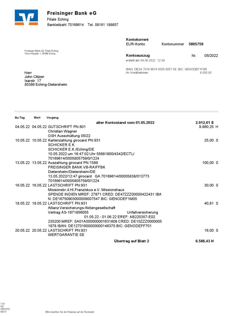 Germany Freisinger Bank eG bank statement, Word and PDF template, 2 pages 1