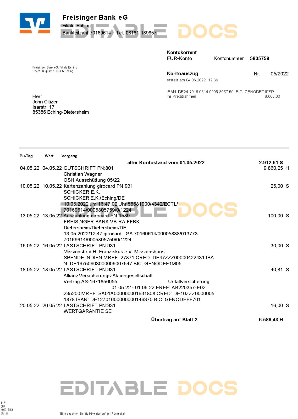 Germany Freisinger Bank eG bank statement, Word and PDF template, 2 pages