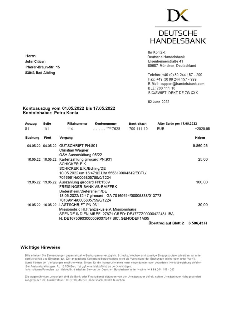 Germany Handelsbank bank statement, Word and PDF template