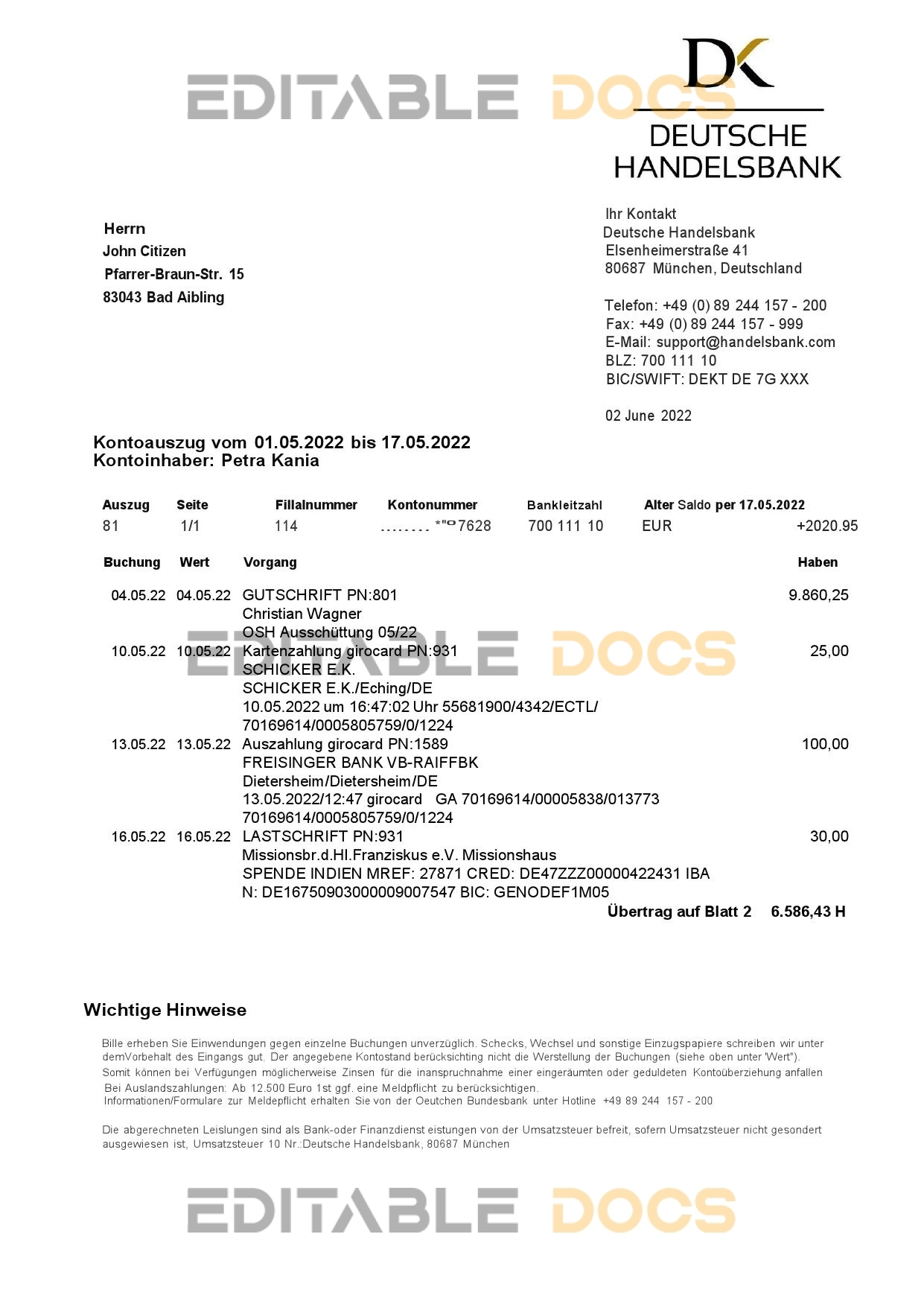 Germany Handelsbank bank statement, Word and PDF template