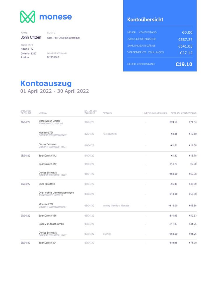 Germany Monese bank statement, Word and PDF template, 3 pages 1