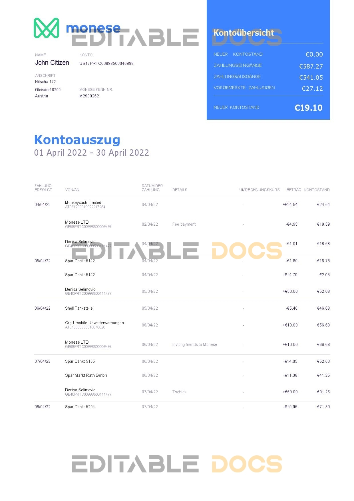 Germany Monese bank statement, Word and PDF template, 3 pages