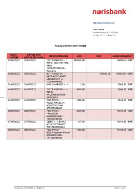Germany Norisbank bank statement, Word and PDF template, 2 pages
