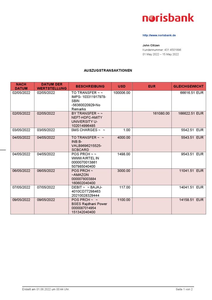 Germany Norisbank bank statement, Word and PDF template, 2 pages 1