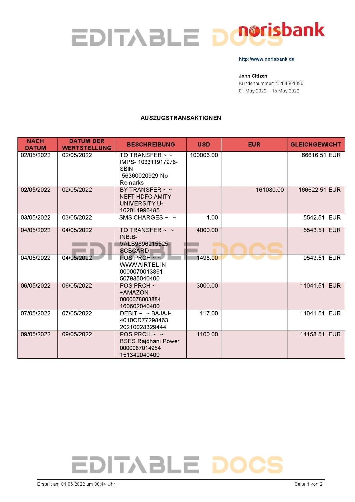 Germany Norisbank bank statement, Word and PDF template, 2 pages
