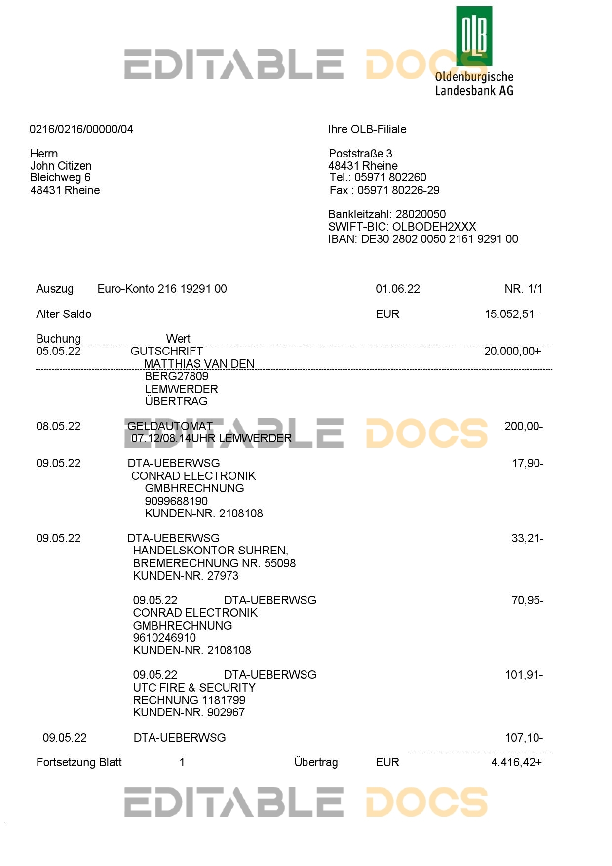 Germany Oldenburgische bank statement, Word and PDF template, 3 pages