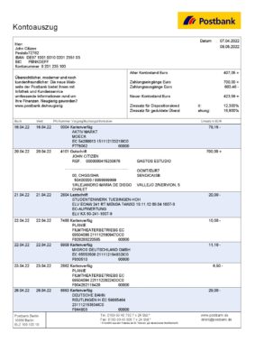 Germany Postbank bank statement, Word and PDF template, 2 pages
