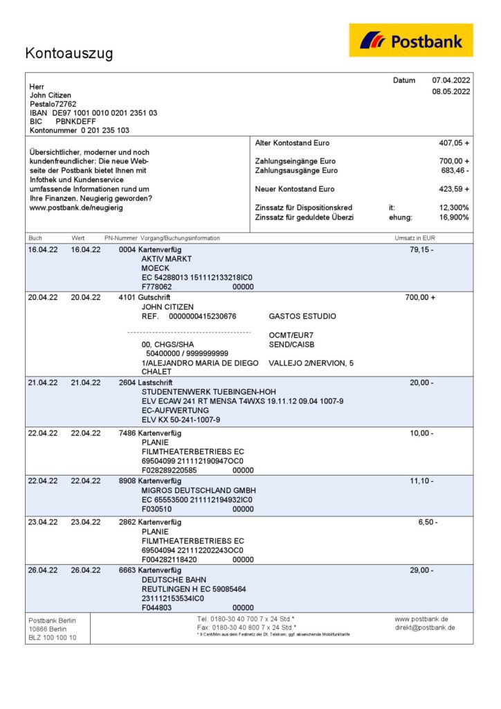 Germany Postbank bank statement, Word and PDF template, 2 pages