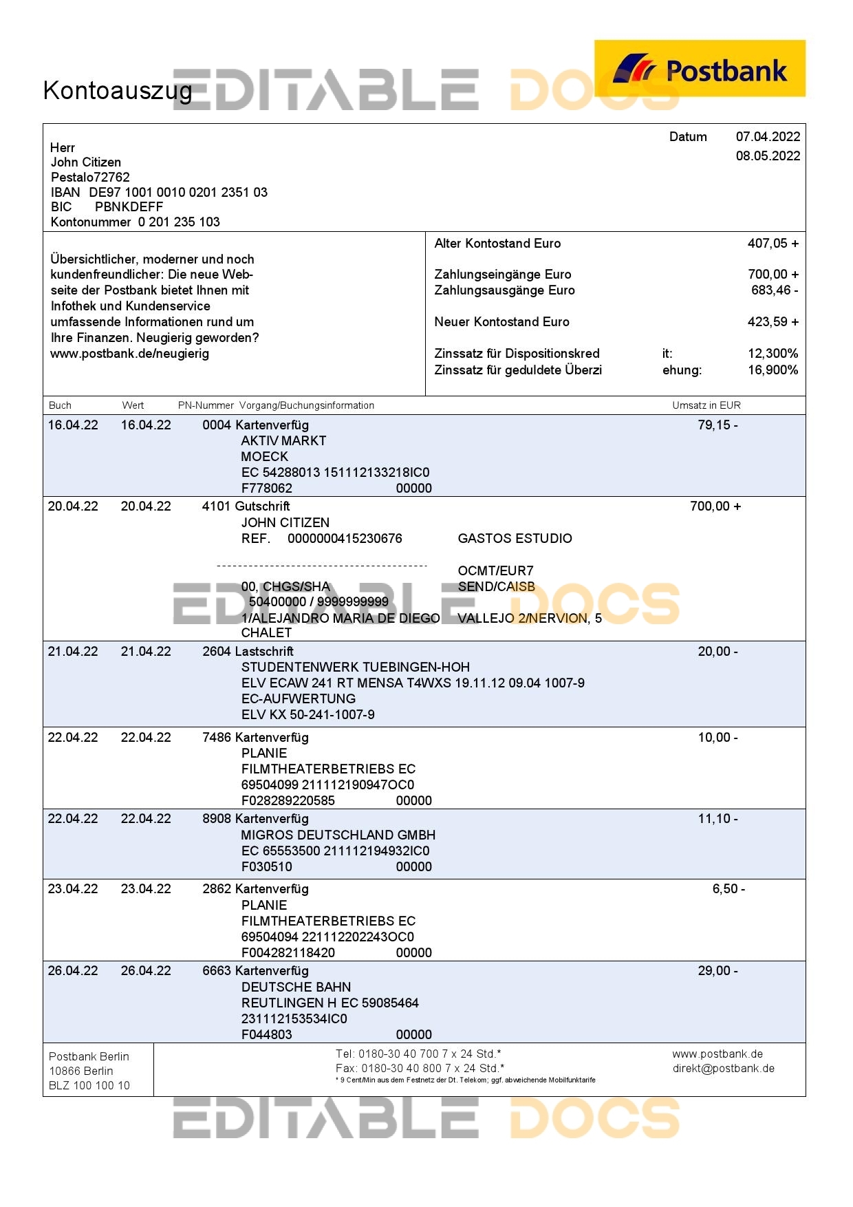 Germany Postbank bank statement, Word and PDF template, 2 pages
