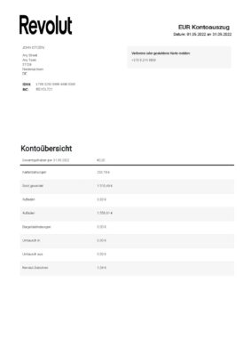 Germany Revolut EUR bank statement template in Word and PDF format, 2 pages