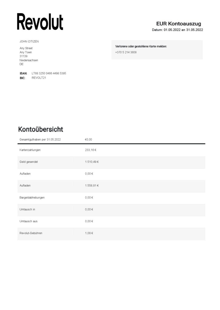 Germany Revolut EUR bank statement template in Word and PDF format, 2 pages