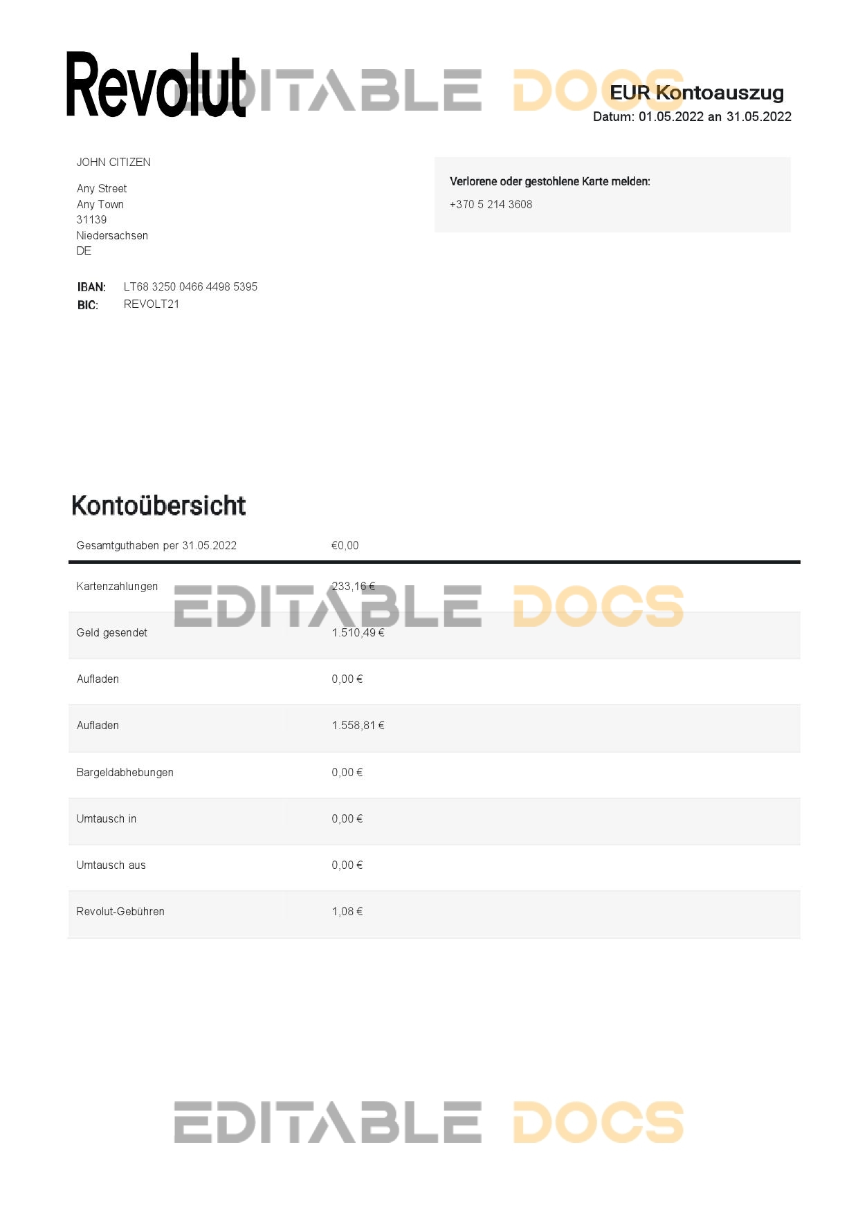 Germany Revolut EUR bank statement template in Word and PDF format, 2 pages