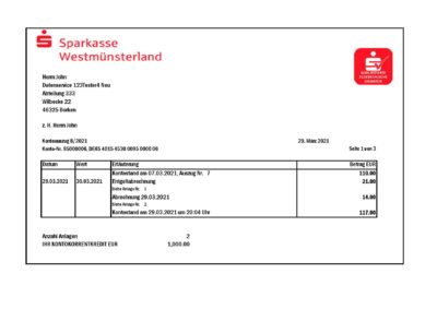 Germany Sparkasse Westmunsterland proof of address bank statement template in Excel and PDF format