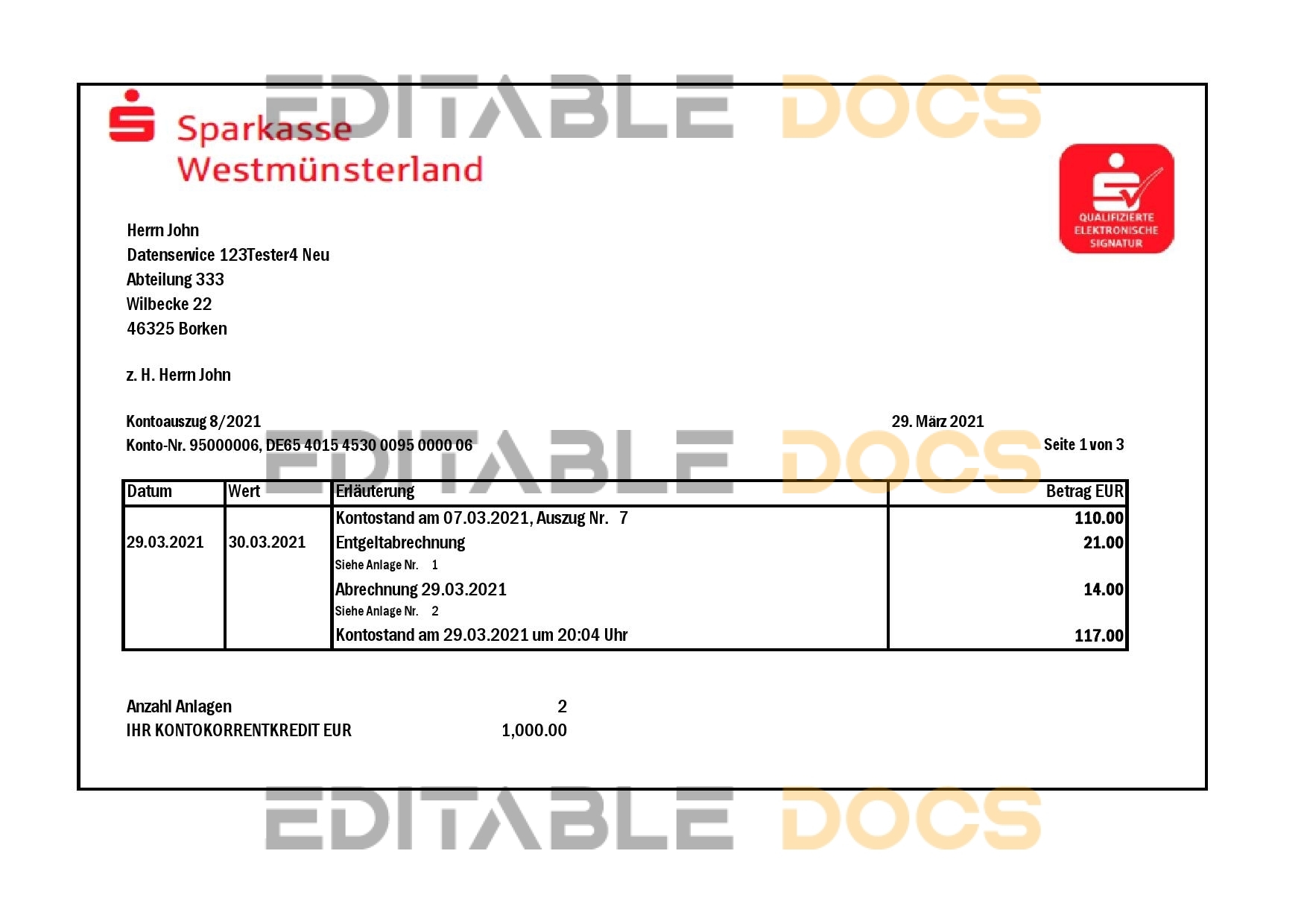 Germany Sparkasse Westmunsterland proof of address bank statement template in Excel and PDF format