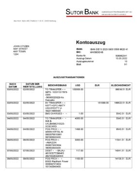 Germany Sutor bank statement, Word and PDF template, 2 pages