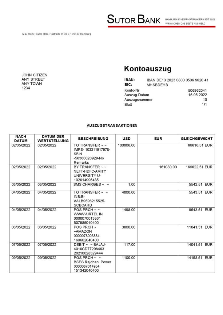 Germany Sutor bank statement, Word and PDF template, 2 pages