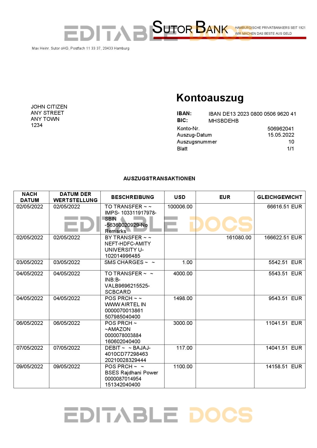 Germany Sutor bank statement, Word and PDF template, 2 pages