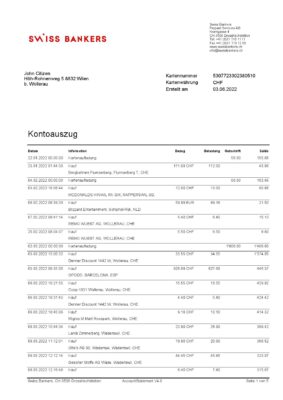 Germany Swiss Bank statement template in Word and PDF format in German language, 5 pages