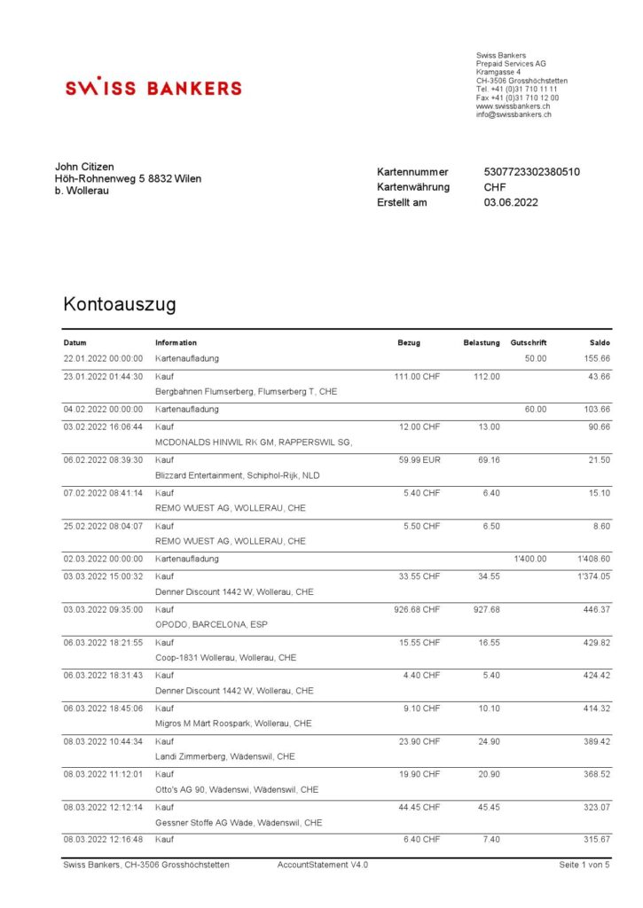 Germany Swiss Bank statement template in Word and PDF format in German language, 5 pages