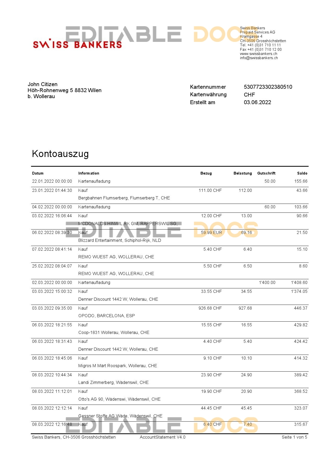 Germany Swiss Bank statement template in Word and PDF format in German language, 5 pages
