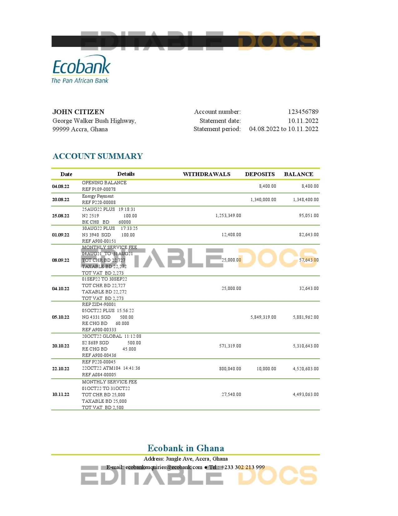 Ghana Ecobank bank statement Excel and PDF template