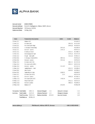 Greece Alpha Bank statement Excel and PDF template