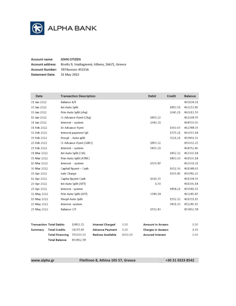 Greece Alpha Bank statement Excel and PDF template