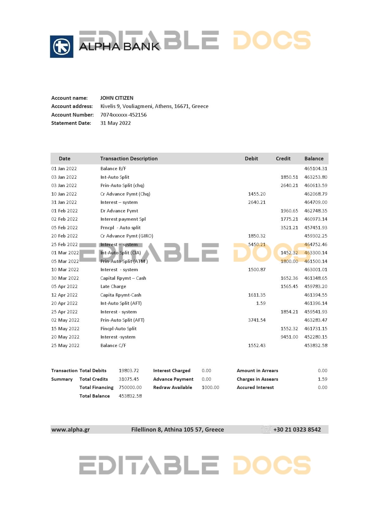 Greece Alpha Bank statement Excel and PDF template