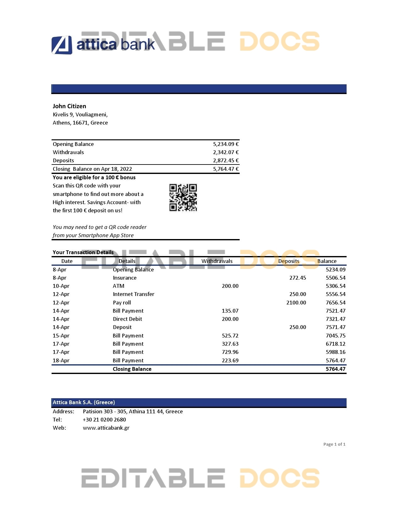 Greece Attica bank statement Excel and PDF template